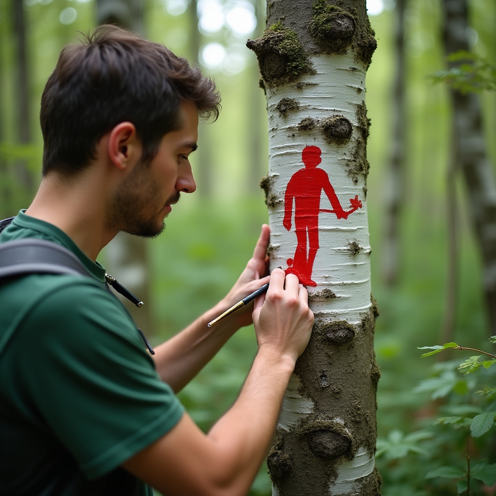Dobrovoľník značí turistickú trasu farebnými znakmi na strome